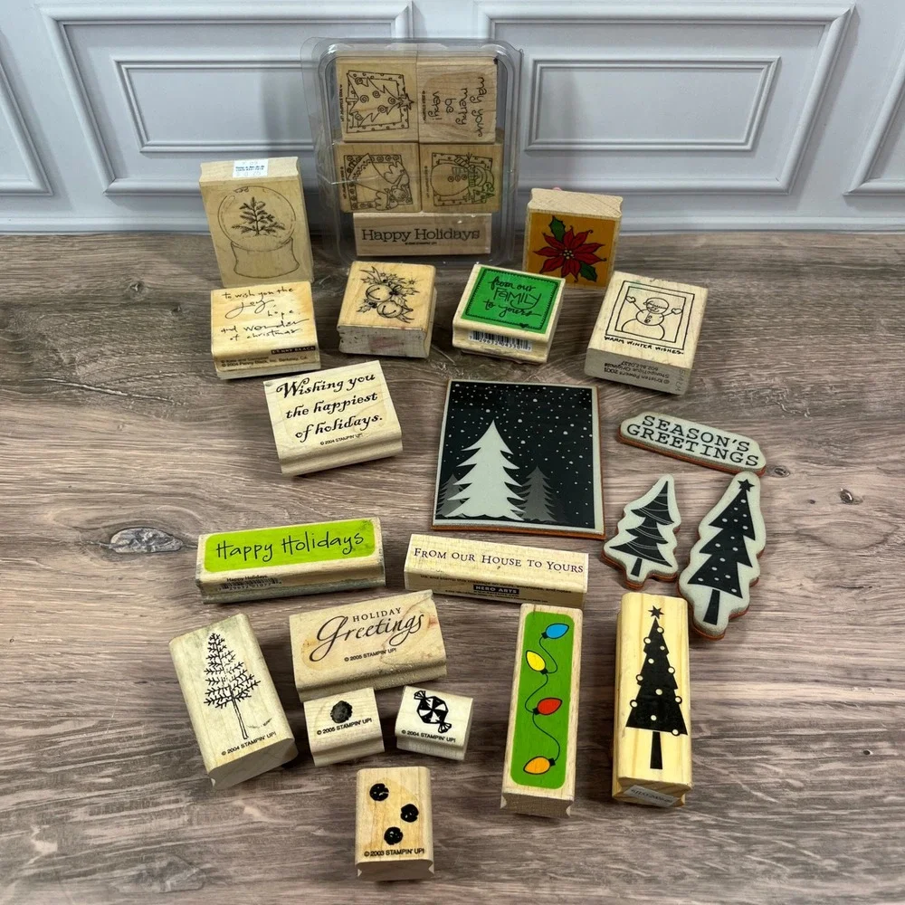 Vintage Stampin Up Christmas Rubber Stamp Lot 25pc Wood Block Holiday Winter